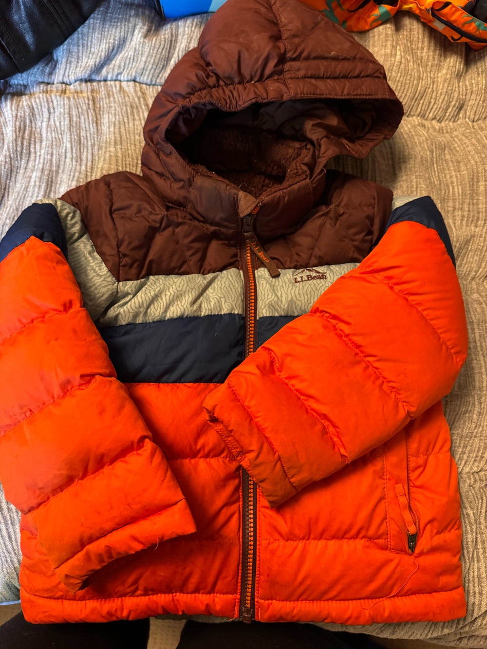 L.L. Bean Kids' Orange, Navy & Brown Colorblock Puffer Jacket